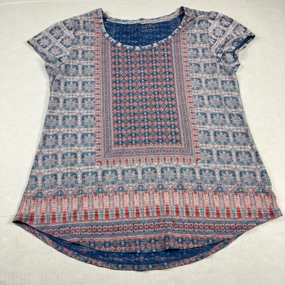 Lucky Brand Boho Printed Shirt Short Sleeve Scoop Neck Casual Breathable Top L